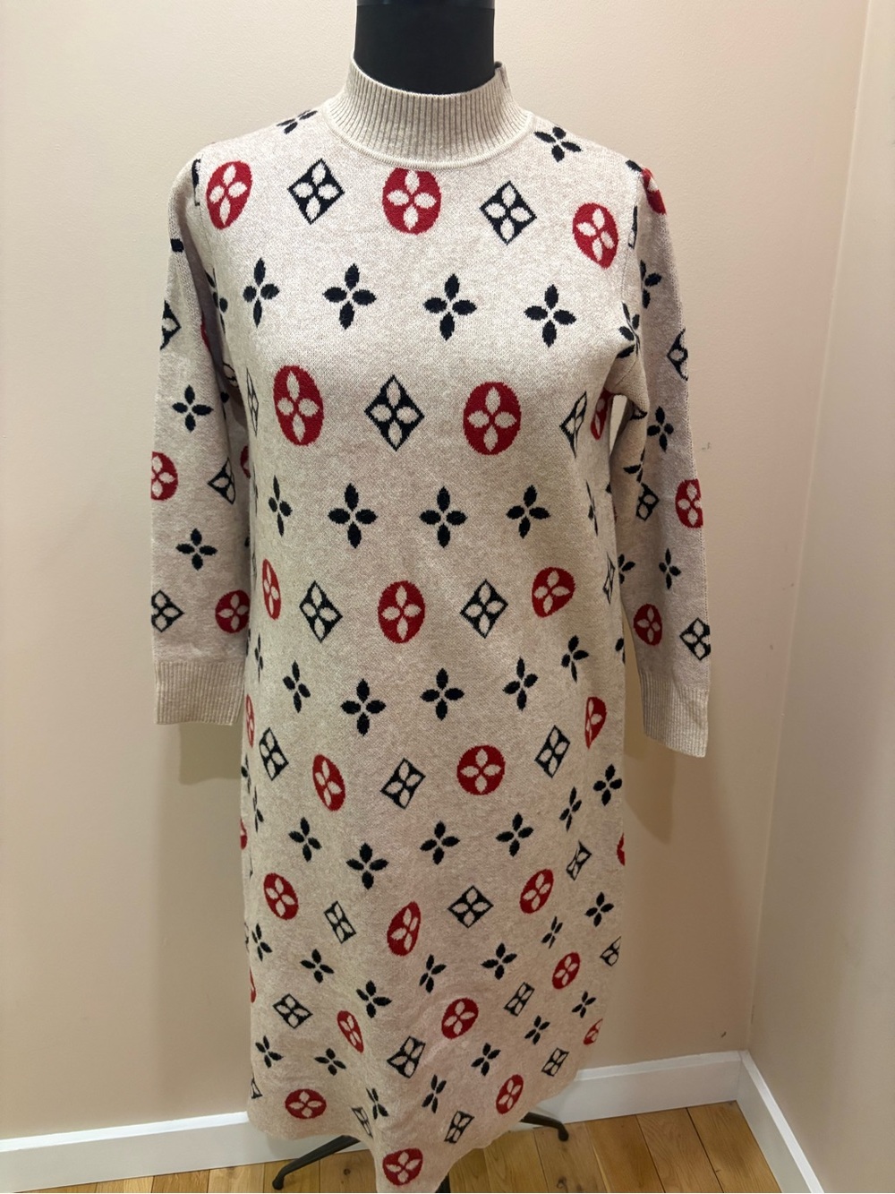Brand new Cream Knit Long-Sleeve Sweater Dress with Red & Black Motif